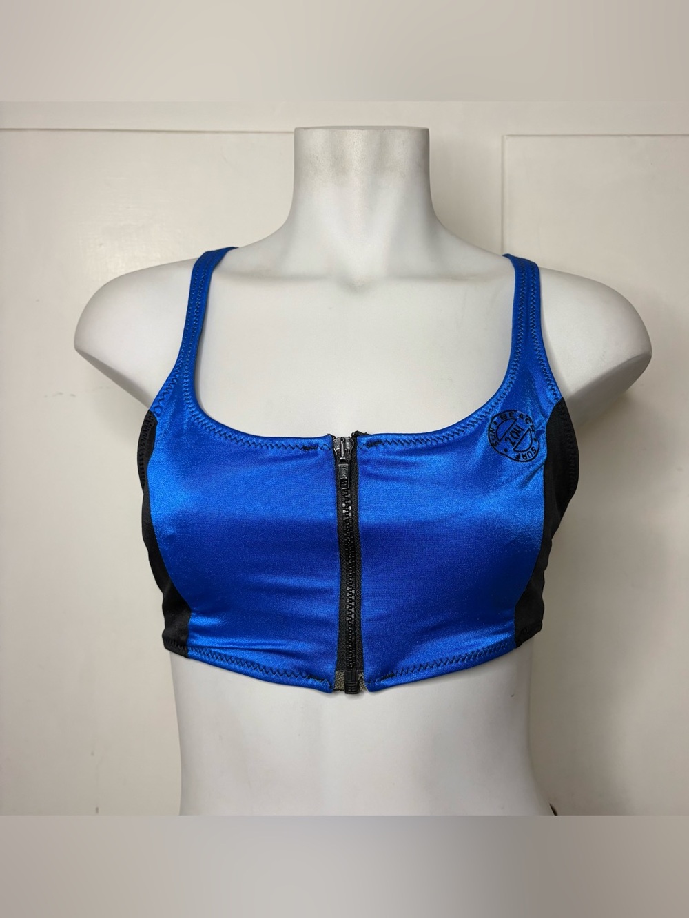 Vintage 90s Sporty Blue Black Crossback Zip Up Bikini Top